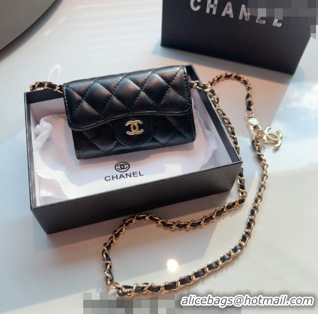 Good Taste Chanel Calfskin Flap Card Holder with Chain CH0510 Black 2024