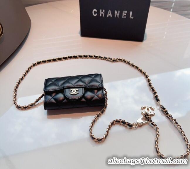 Good Taste Chanel Calfskin Flap Card Holder with Chain CH0510 Black 2024