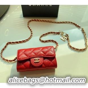 Good Looking Chanel Grained Calfskin Flap Card Holder with Chain CH0510 Red 2024