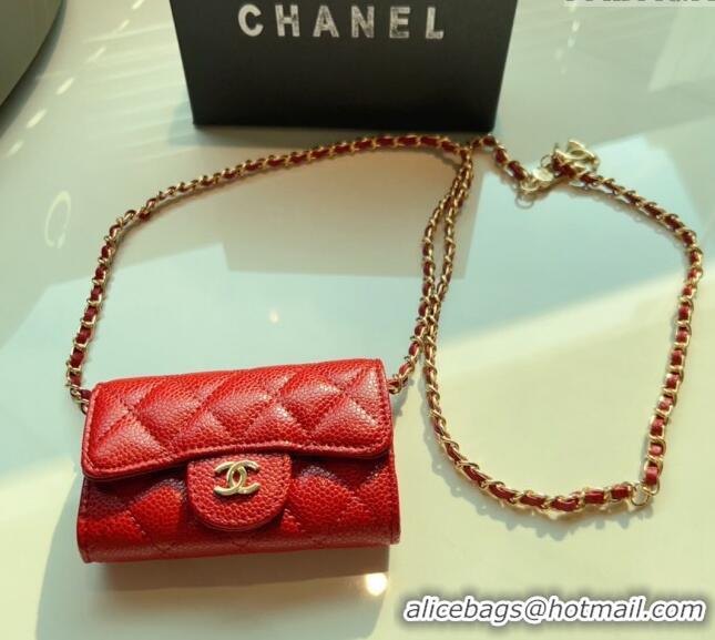 Good Looking Chanel Grained Calfskin Flap Card Holder with Chain CH0510 Red 2024