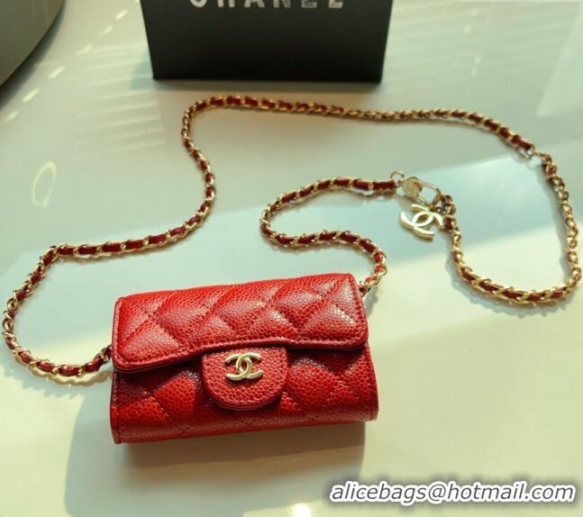 Good Looking Chanel Grained Calfskin Flap Card Holder with Chain CH0510 Red 2024