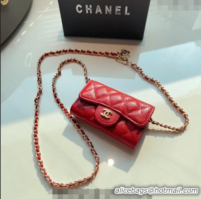 Good Looking Chanel Grained Calfskin Flap Card Holder with Chain CH0510 Red 2024