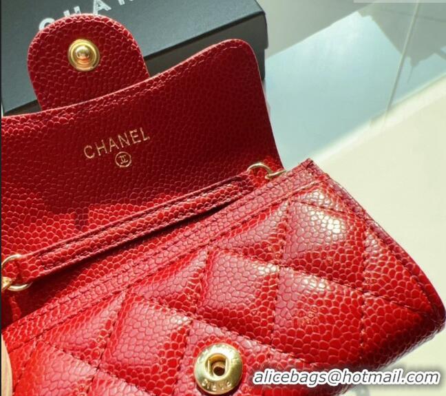 Good Looking Chanel Grained Calfskin Flap Card Holder with Chain CH0510 Red 2024