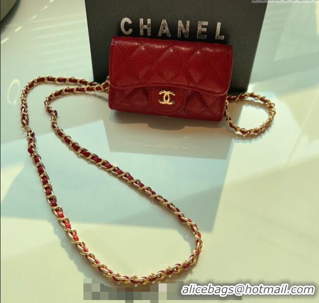 Good Looking Chanel Grained Calfskin Flap Card Holder with Chain CH0510 Red 2024