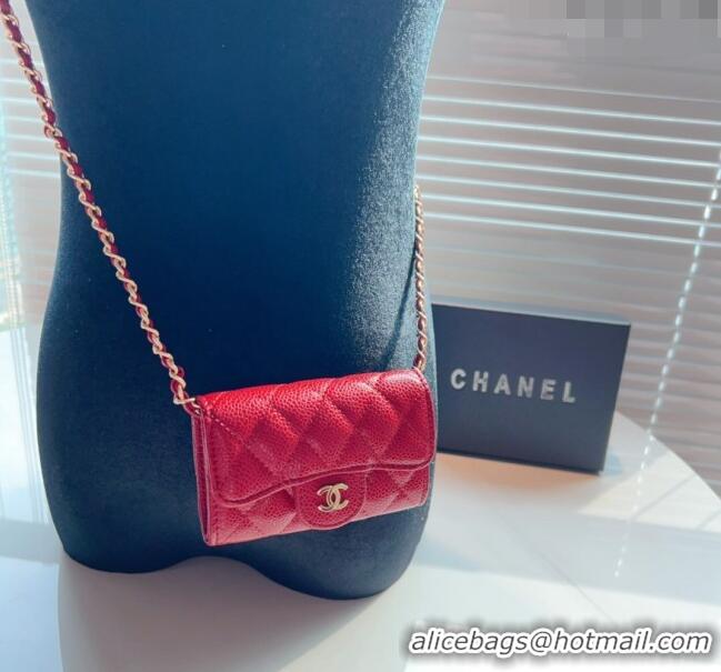 Good Looking Chanel Grained Calfskin Flap Card Holder with Chain CH0510 Red 2024