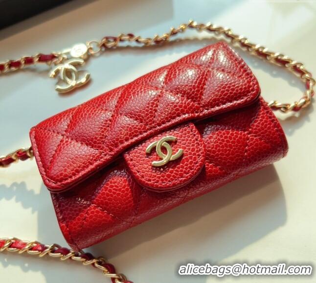 Good Looking Chanel Grained Calfskin Flap Card Holder with Chain CH0510 Red 2024