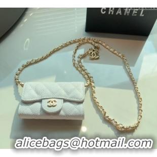 Luxury Cheap Chanel Grained Calfskin Flap Card Holder with Chain CH0510 White 2024