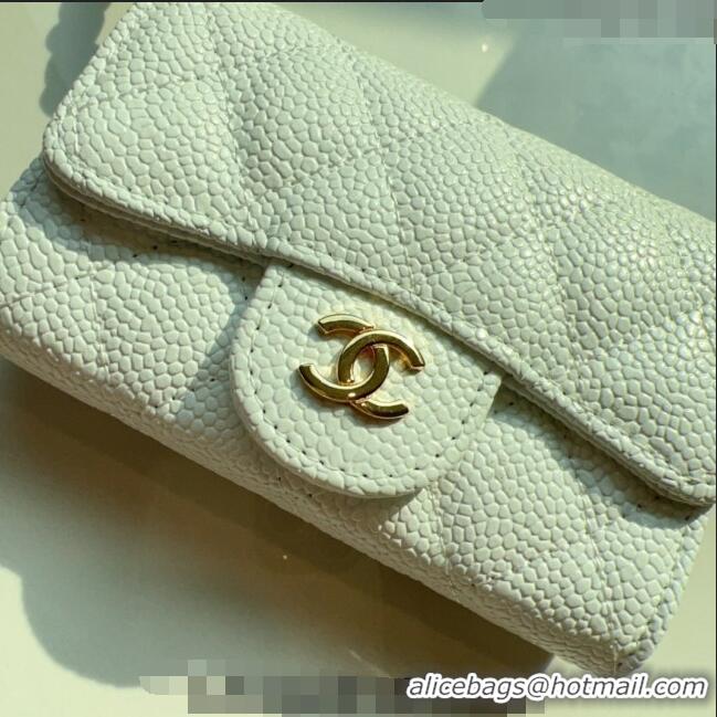 Luxury Cheap Chanel Grained Calfskin Flap Card Holder with Chain CH0510 White 2024