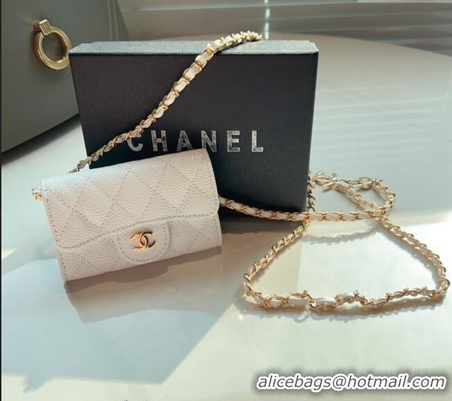 Luxury Cheap Chanel Grained Calfskin Flap Card Holder with Chain CH0510 White 2024