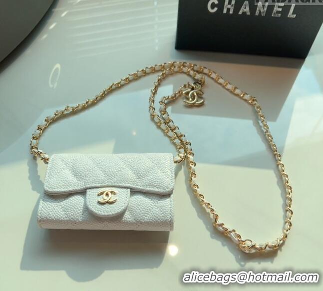 Luxury Cheap Chanel Grained Calfskin Flap Card Holder with Chain CH0510 White 2024