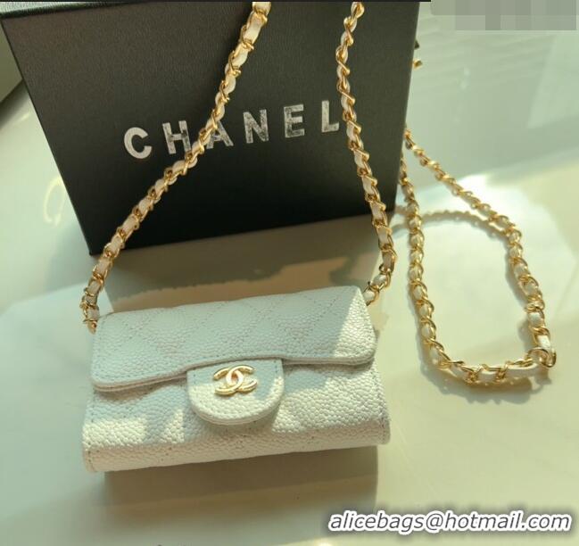 Luxury Cheap Chanel Grained Calfskin Flap Card Holder with Chain CH0510 White 2024