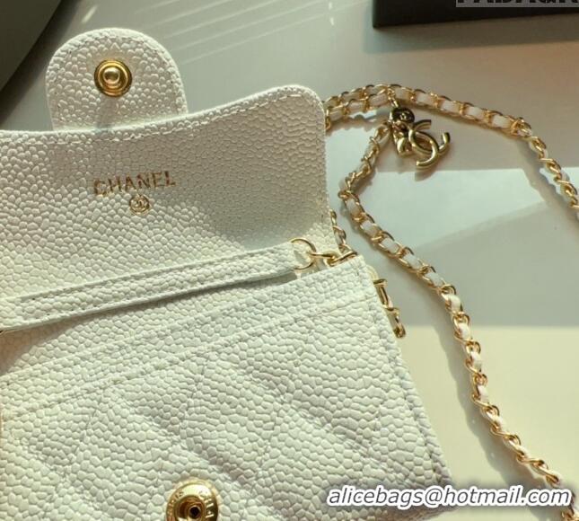 Luxury Cheap Chanel Grained Calfskin Flap Card Holder with Chain CH0510 White 2024