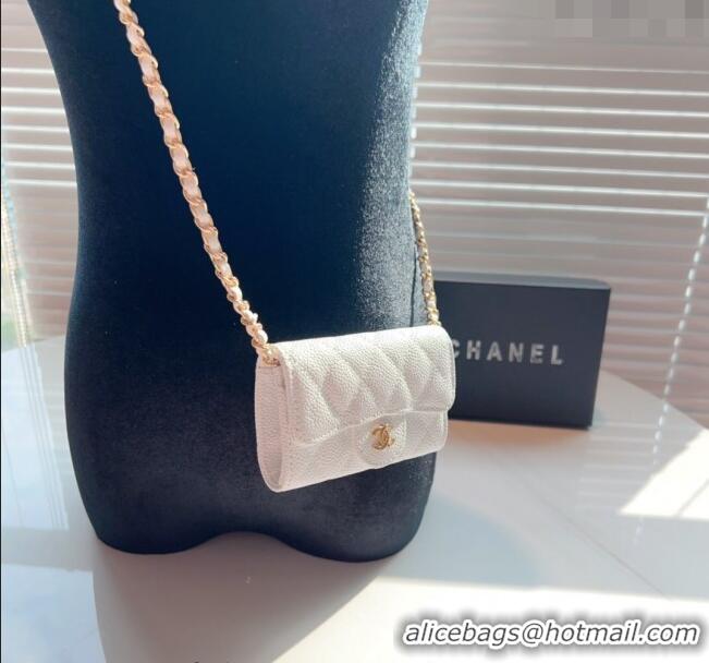 Luxury Cheap Chanel Grained Calfskin Flap Card Holder with Chain CH0510 White 2024