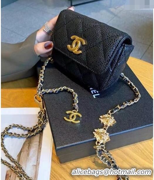 Sumptuous Chanel Grained Calfskin Chain Mini Belt Bag with Lion Charm 0510 Black 2024