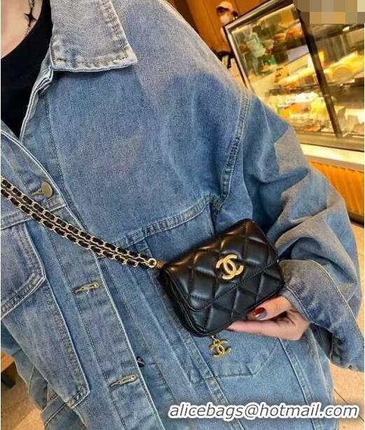 Top Design Chanel Lambskin Chain Mini Belt Bag with Lion Charm C0510 Black 2024