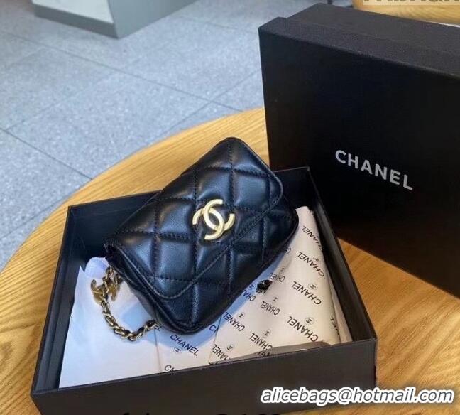 Top Design Chanel Lambskin Chain Mini Belt Bag with Lion Charm C0510 Black 2024