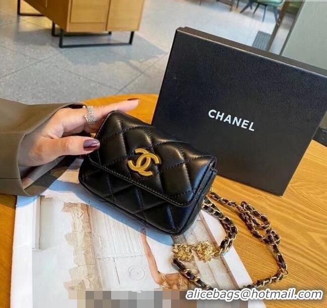 Top Design Chanel Lambskin Chain Mini Belt Bag with Lion Charm C0510 Black 2024