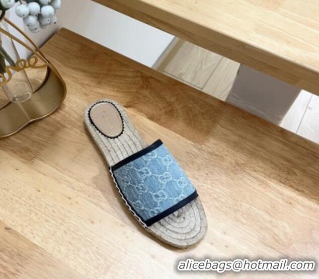 Top Grade Gucci GG Denim Espadrille Flat Slides Sandal Light Blue 05069