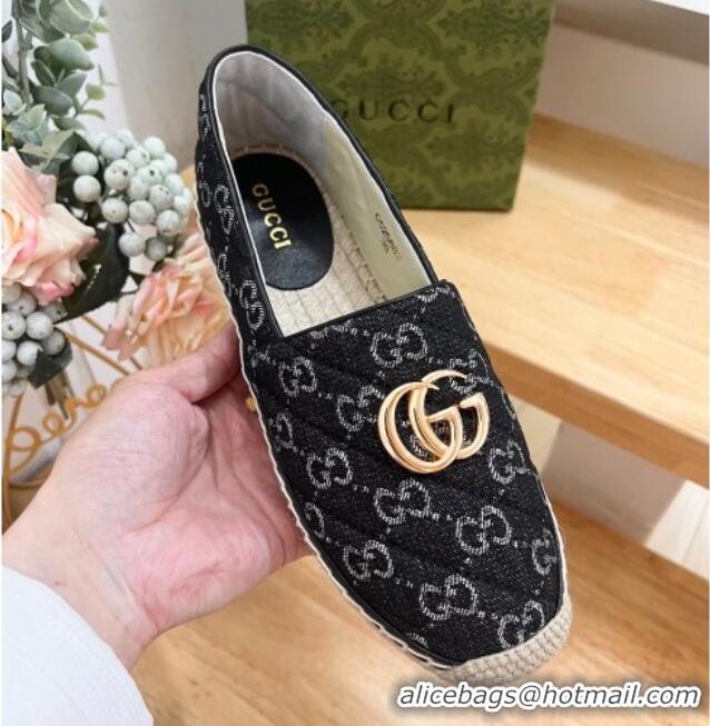 Good Quality Gucci Quilted Denim Espadrilles Flat with GG Black 05072