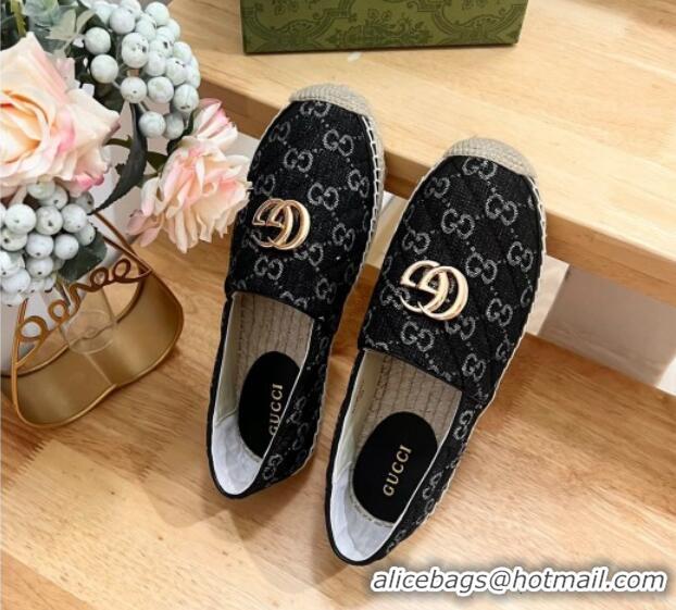 Good Quality Gucci Quilted Denim Espadrilles Flat with GG Black 05072