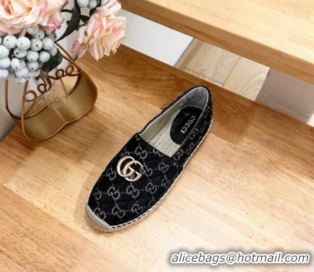 Good Quality Gucci Quilted Denim Espadrilles Flat with GG Black 05072