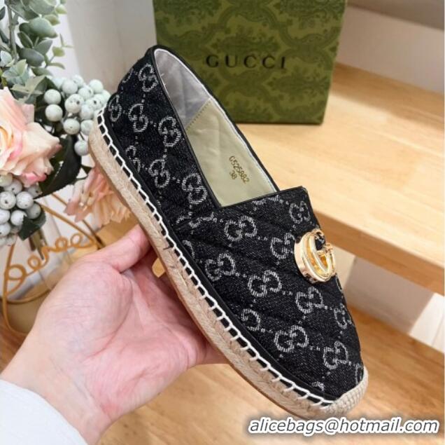 Good Quality Gucci Quilted Denim Espadrilles Flat with GG Black 05072