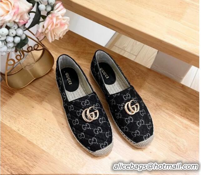 Good Quality Gucci Quilted Denim Espadrilles Flat with GG Black 05072