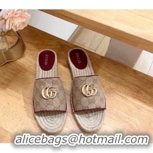 Grade Quality Gucci Quilted Canvas Espadrille Flat Slides Sandal with GG Beige/Red 05074