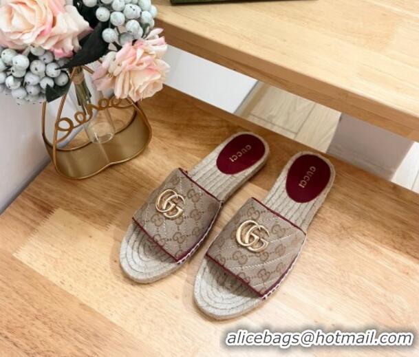 Grade Quality Gucci Quilted Canvas Espadrille Flat Slides Sandal with GG Beige/Red 05074