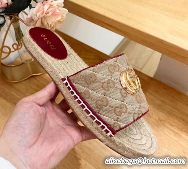 Grade Quality Gucci Quilted Canvas Espadrille Flat Slides Sandal with GG Beige/Red 05074