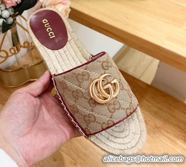 Grade Quality Gucci Quilted Canvas Espadrille Flat Slides Sandal with GG Beige/Red 05074