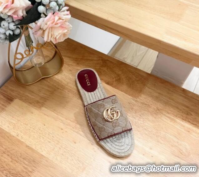 Grade Quality Gucci Quilted Canvas Espadrille Flat Slides Sandal with GG Beige/Red 05074