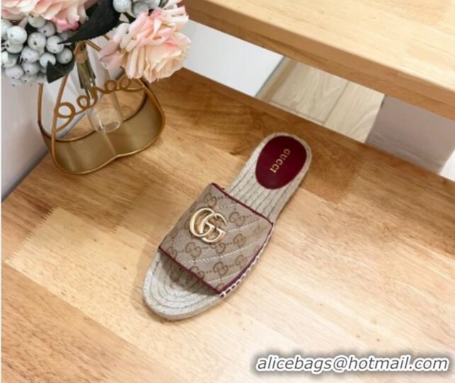 Grade Quality Gucci Quilted Canvas Espadrille Flat Slides Sandal with GG Beige/Red 05074