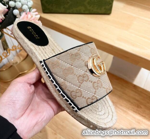 Purchase Gucci Quilted Canvas Espadrille Flat Slides Sandal with GG Beige/Black 05077