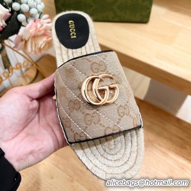 Purchase Gucci Quilted Canvas Espadrille Flat Slides Sandal with GG Beige/Black 05077