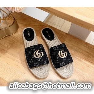 Best Grade Gucci Quilted Denim Espadrille Flat Slides Sandal with GG Black 05075