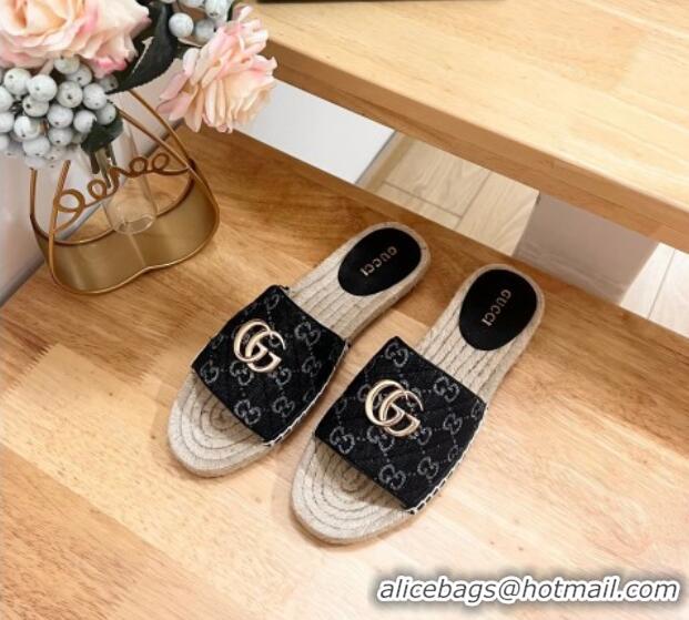 Best Grade Gucci Quilted Denim Espadrille Flat Slides Sandal with GG Black 05075