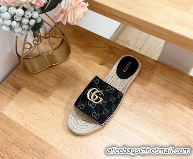 Best Grade Gucci Quilted Denim Espadrille Flat Slides Sandal with GG Black 05075