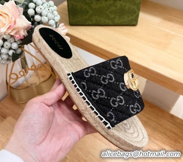 Best Grade Gucci Quilted Denim Espadrille Flat Slides Sandal with GG Black 05075