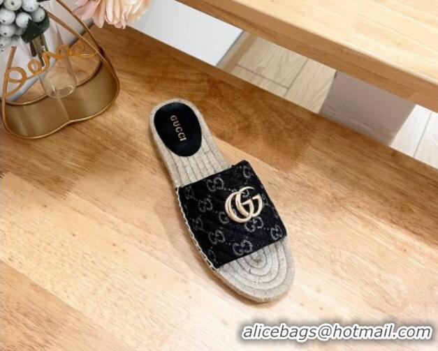 Best Grade Gucci Quilted Denim Espadrille Flat Slides Sandal with GG Black 05075