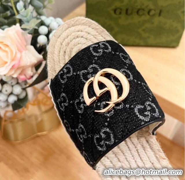 Best Grade Gucci Quilted Denim Espadrille Flat Slides Sandal with GG Black 05075