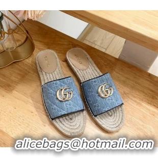 Good Looking Gucci Quilted Denim Espadrille Flat Slides Sandal with GG Light Blue 05076