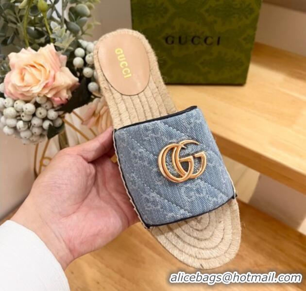 Good Looking Gucci Quilted Denim Espadrille Flat Slides Sandal with GG Light Blue 05076