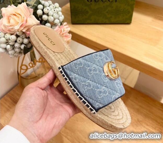 Good Looking Gucci Quilted Denim Espadrille Flat Slides Sandal with GG Light Blue 05076