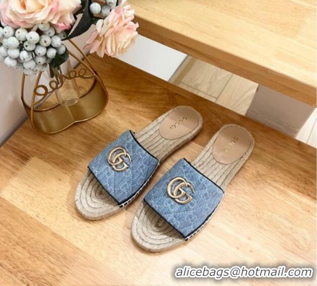 Good Looking Gucci Quilted Denim Espadrille Flat Slides Sandal with GG Light Blue 05076