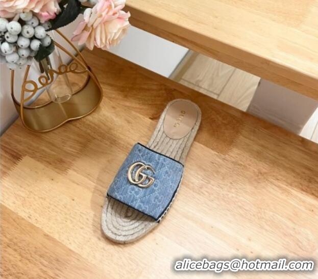 Good Looking Gucci Quilted Denim Espadrille Flat Slides Sandal with GG Light Blue 05076