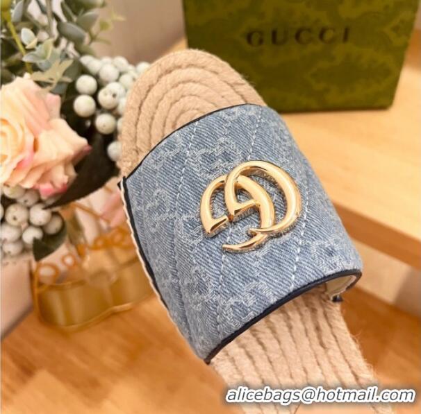 Good Looking Gucci Quilted Denim Espadrille Flat Slides Sandal with GG Light Blue 05076