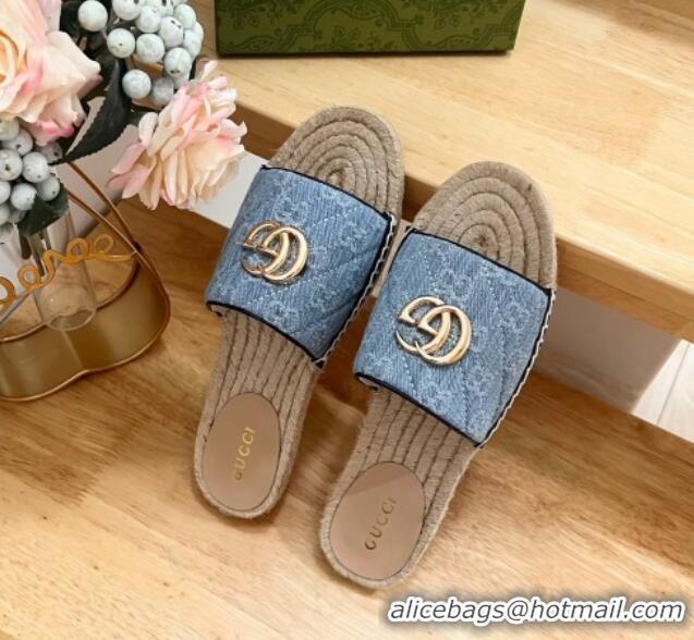 Good Looking Gucci Quilted Denim Espadrille Flat Slides Sandal with GG Light Blue 05076