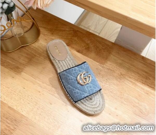 Good Looking Gucci Quilted Denim Espadrille Flat Slides Sandal with GG Light Blue 05076