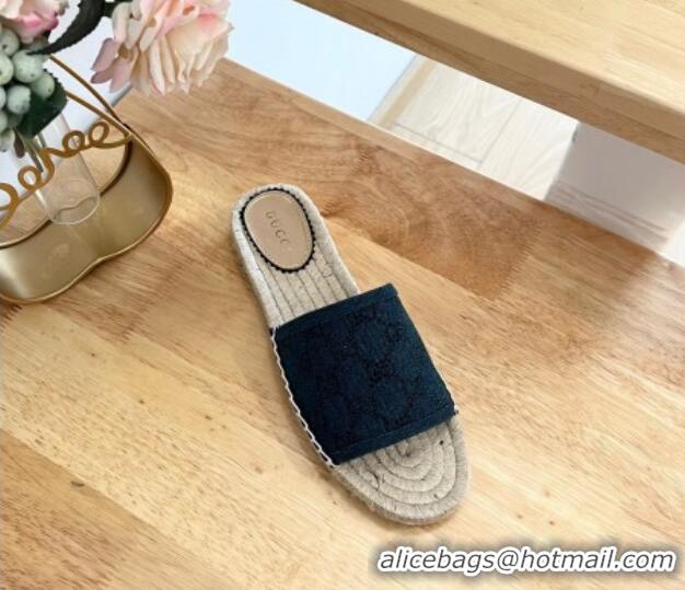 Pretty Style Gucci Strass GG Canvas Espadrille Flat Slides Sandal Dark Blue 05081